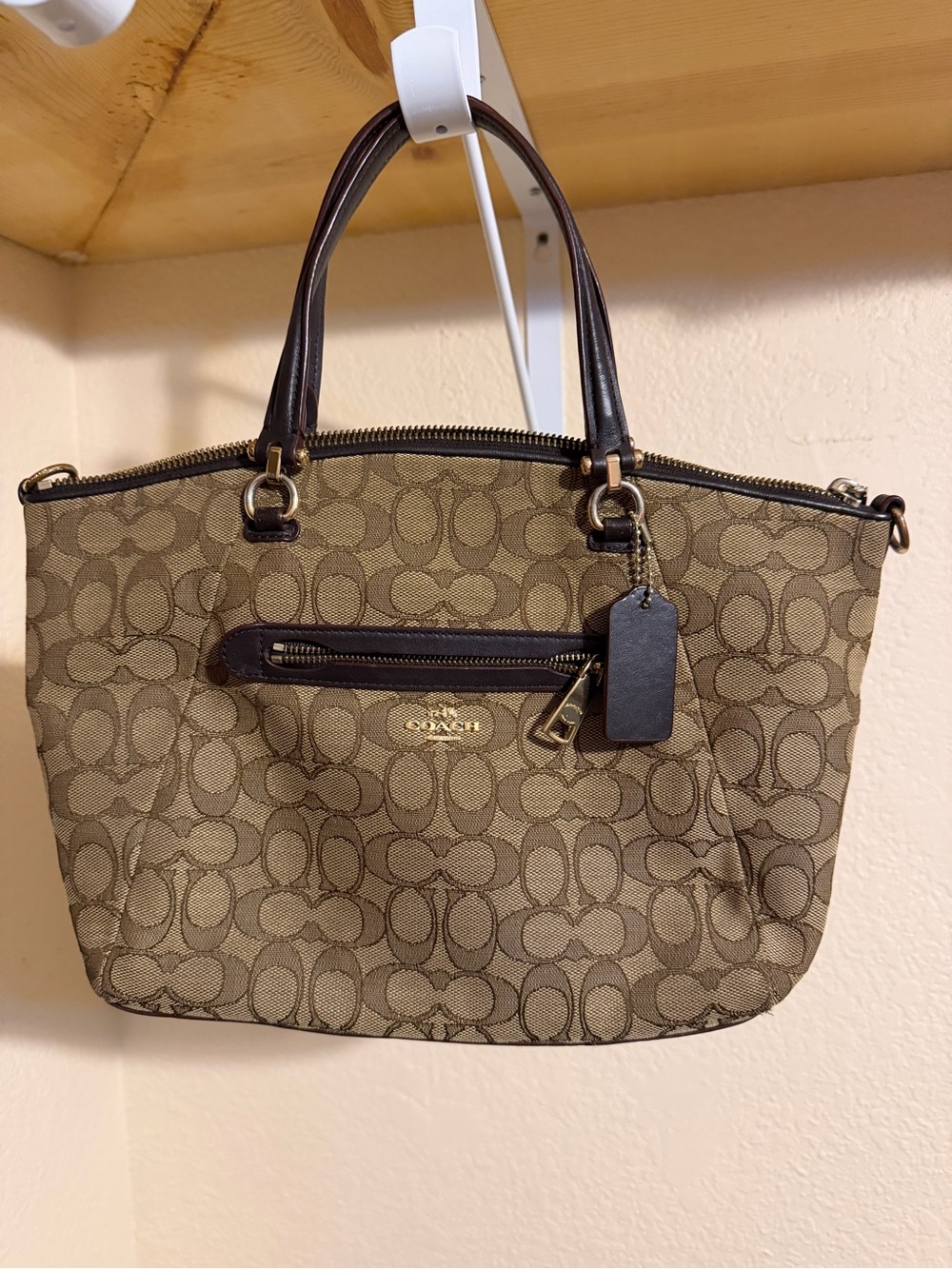 Coach Brown Signature Canvas Shoulder Tote with Dark Brown Trim